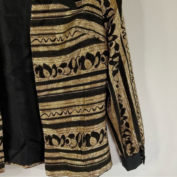 Vintage 70’s Gold Disco Jacket Shirt L Black Big Lapels, Baroque, lamé - Picture 4 of 10
